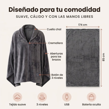 Diseñado para tu comodidad: cuello chal, cremallera, aberturas para los brazos y medidas 174 x 85 cm